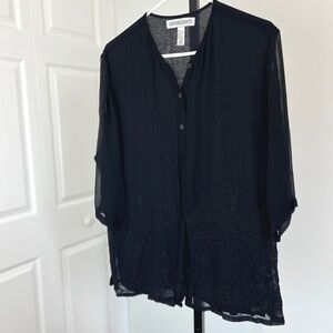 Amanda Smith Black on Black Embroidery Blouse Top with Semi Sheer with Sheer Arm